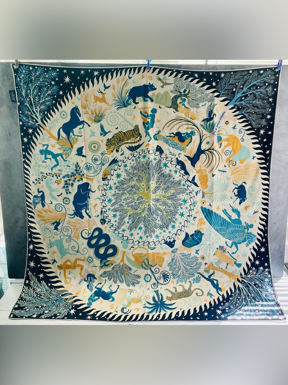 100% silk zodiac scarf or Art Wall Tapestry in Teal, Navy & Gold 34x33 inch